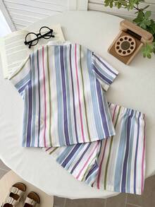 LMoss Kids Young Boy Striped Print Short Sleeve Shirt And Shorts Set,Kids 2 Piece Retro Colorful Button Down Stripe Suit,Summer Beach Holiday Resort Wear - Multicolor - View 2