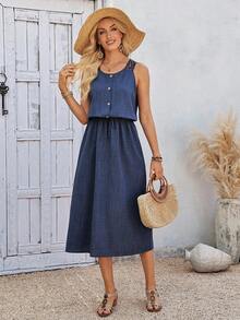 SHEIN LUNE Vestido midi elegante de cintura ceñida con cuello redondo y fruncido en la cintura de unicolor para mujer - Azul - Ver 6