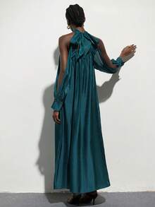 Frievida Đầm dài dáng suông cổ đứng trễ vai chất liệu satin dành cho nữ - Màu xanh lá cây đậm - Xem 2