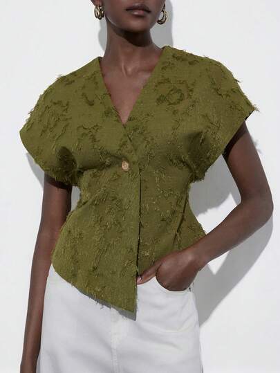 Aveloria Modichic Deconstructed Oversized V-Neck Single-Button Cardigan Vest, Minimalist Commuter Design For Women