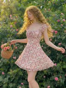 SHEIN MOD 女士复古印花打结胸前褶皱圆领无袖连衣裙，适合夏季穿着 - 彩色 - 查看 6