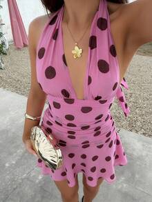 Cévolie Women's Deep V-Neck Sexy Halter Polka Dot Mini Dress, Vacation Style - Pink - View 1