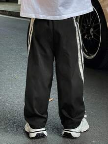 SHEIN 1pc Young Boy Casual Collegiate Comfortable Fashion Minimalist Practical Versatile Soft Relaxed Contrast Side Seam Loose Straight Loose Woven Long Pants, Suitable For First Day Of School, Back To School, Daily Wear, Suitable For School, Travel, Sports, Spring/Summer/Autumn/Winter - Dusty Blue - View 2