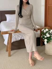 DAZY Elegant Jacquard Knit Lace Patchwork Long Dress Loungewear For Women Pajamas - Grey - View 5