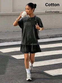 Muchica Summer    Black Knit Women's Round Neck Drop Shoulder Ruffle Hem Wash Dress - Black - View 3