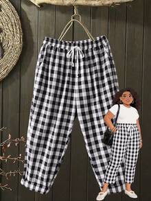 Rusticease Pantalones casuales de talla grande con estampado de cuadros y cordón en la cintura, estilo campestre para vacaciones de verano/primavera para mujeres - Blanco y Negro - Ver 3