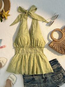 Sunnyshic 女士夏季绿色刺绣3D花卉吊带露腰衬衫 - 薄荷綠 - 查看 5