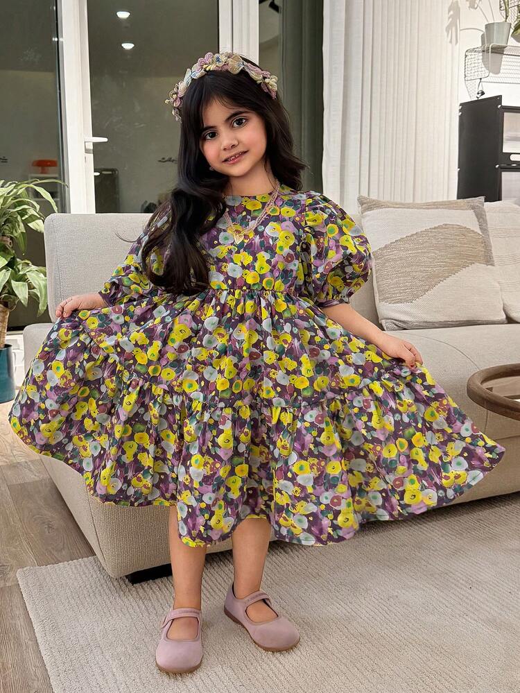 Young Girl' Ditsy Floral Princess Dress, Summer New Arrival, Fashionable Children Clothing (Small Size)