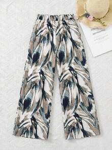 Tween Girls' Loose Casual Ruffle Hem Leaf Print High Waist Wide Leg Pants Girl Wide Leg Pant Patterned Pants Loose Pants Summer Pants Casual Loose Pants Boho Pants Palm Leaf Print Pants Flowy Pants - Khaki - View 3