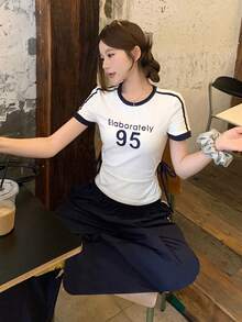 DAZY 女士圆领字母数字印花褶皱扭结设计休闲百搭日常短袖T恤 夏季 - 白色 - 查看 5