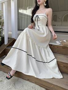 FRIFUL Women's Spaghetti Strap Lace Patchwork Bow Tie Front A-Line Dress, Vacation Style Maxi Dress - White - View 8