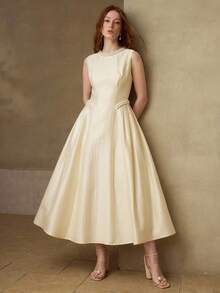 MOTF PREMIUM ELEGANT FRENCH FASHION DELICATE SLEEVELESS PEARL RIBBON DECOR WOMEN'S DRESS - Apricot - View 3