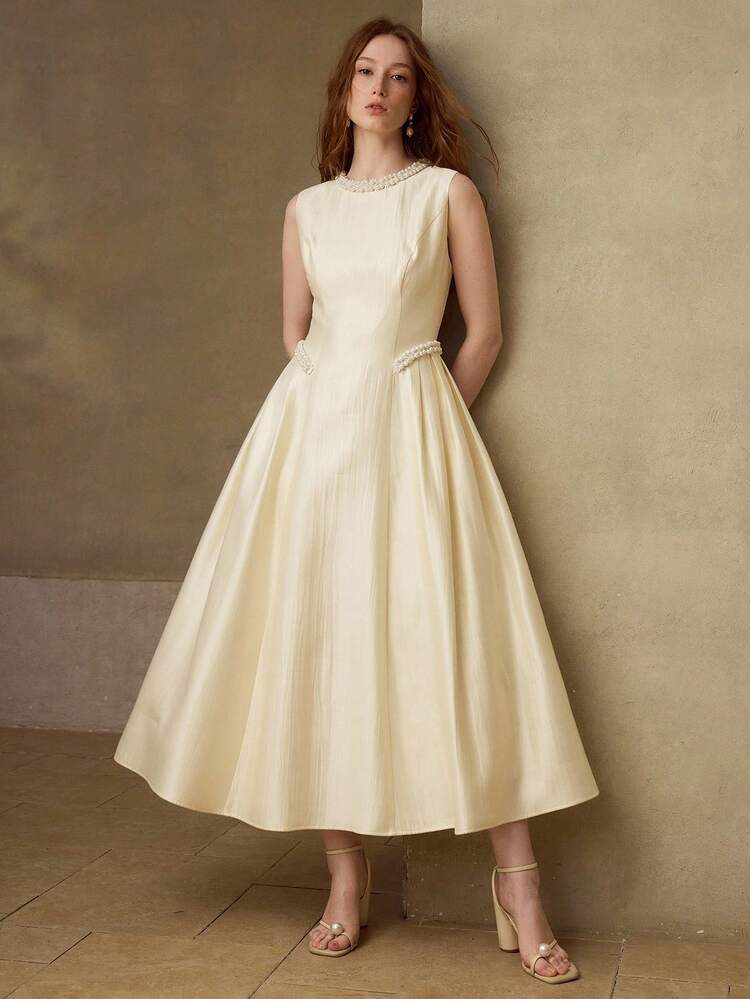 ELEGANT FRENCH FASHION DELICATE SLEEVELESS PEARL RIBBON DECOR WOMEN'S DRESS