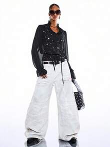 LYSMO Áo kiểu nữ cổ chữ V tay dài xếp nếp thắt nơ phía trước, chất liệu xuyên thấu. - màu đen - Xem 8