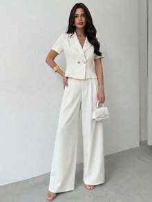 Firerie Bộ đồ vest thường ngày ve áo cổ bẻ tay ngắn hai hàng khuy trơn màu dành cho nữ và quần ống rộng - Màu be - Xem 7