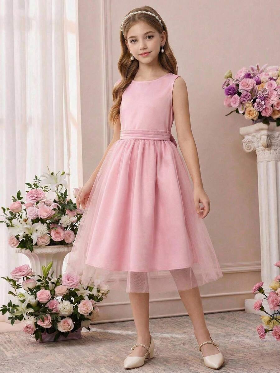 Pitira Đầm lưới màu hồng ngọt ngào dễ thương có nơ cho bé gái tuổi teen, đầm dự tiệc, đầm phù dâu đám cưới, đầm dự tiệc sinh nhật. - Hồng - Xem 1