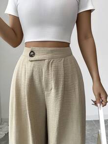 Elenzga 优雅新款都市时尚女式高腰A字超阔腿杏色纹理裤，适合日常穿着、婚礼、晚宴、通勤、毕业派对、节日、约会、聚会、万圣节、圣诞节、新年、感恩节、婚礼套装等场合。 - 杏色 - 查看 4