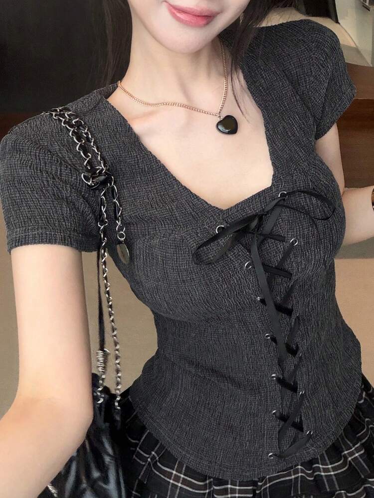 Spring & Summer Gray & Black Color Block Front Tie Design Splice Elegant Bowknot Decor Square Neck Fitted Short Sleeve T-Shirt For Party, Wedding, Music Festival