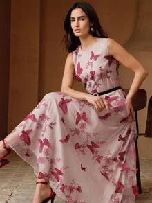 Anewsta 红色3D蝴蝶优雅无袖收腰网纱连衣裙 - 酒紅色 - 查看 3