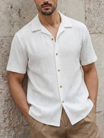 HIMLAND Men's Casual Solid Color Short Sleeve Shirt, Summer ,Men's White Button Down Textured Beach Shirt ,Summer Breathable Linen Look Top ,Relaxed Fit Camp Collar Vacation Blouse ,Casual Solid Color Crinkled Fabric Tee ,Bohemian Style Menswear For Wedding ,Lightweight Non-Iron Travel Shirt ,Vertical Pleated Short Sleeve Shirt ,Men's Textured Short Sleeve Shirt ,Camp Collar Crinkle Button Down Top ,Summer Beach Resort Casual Blouse ,Men's White Textured Camp Collar Shirt - The Ultimate Vacation Essential ,Men White Shirts