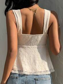 SHEIN EZwear 杏色针织女士蕾丝前抽绳粗肩带度假吊带衫 - 杏色 - 查看 3