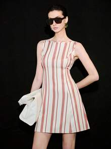 Lumivelle Women's Elegant Retro Striped Print Wavy Hem Sleeveless Dress, Fashionable And Chic For Summer - Multicolor - View 7