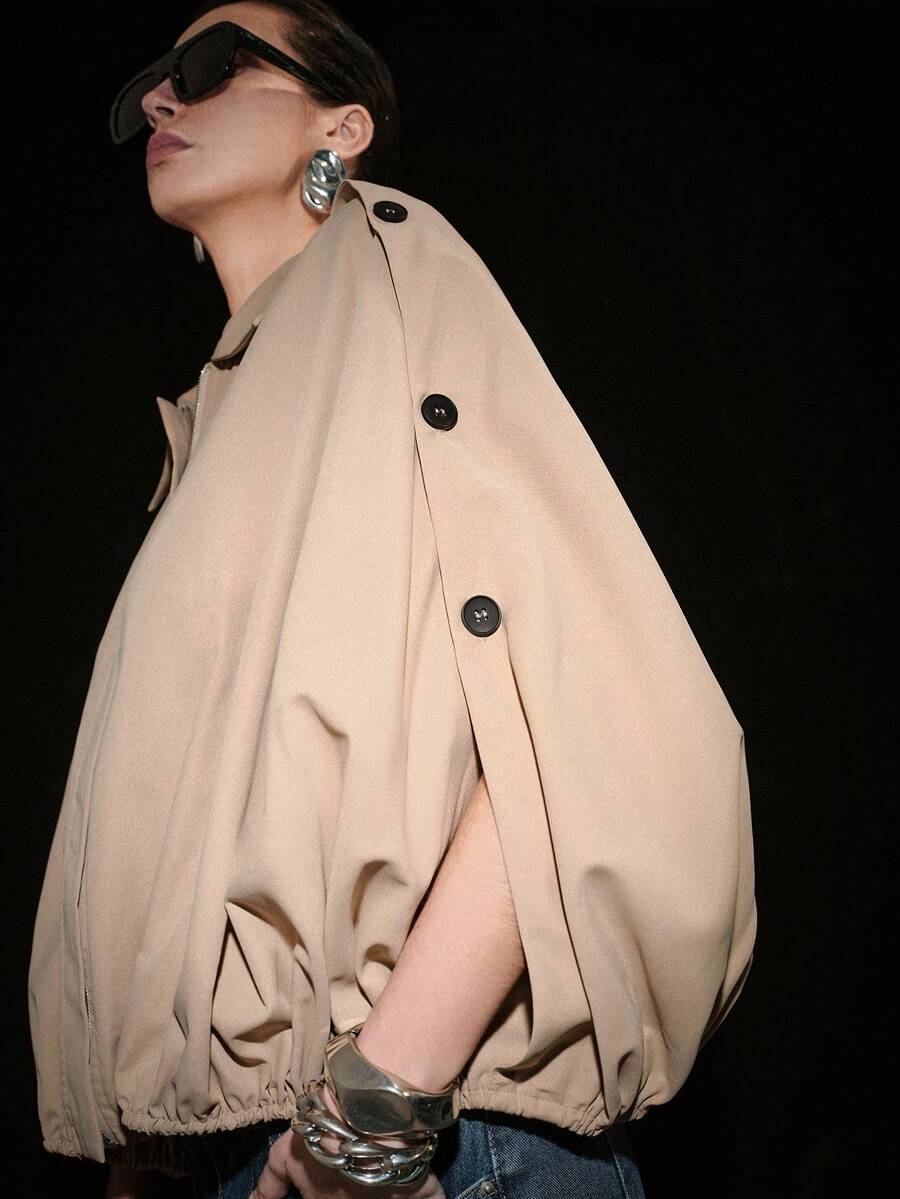 Lumivelle 女士纯色翻领休闲百搭日常长袖外套 - 卡其色 - 查看 1