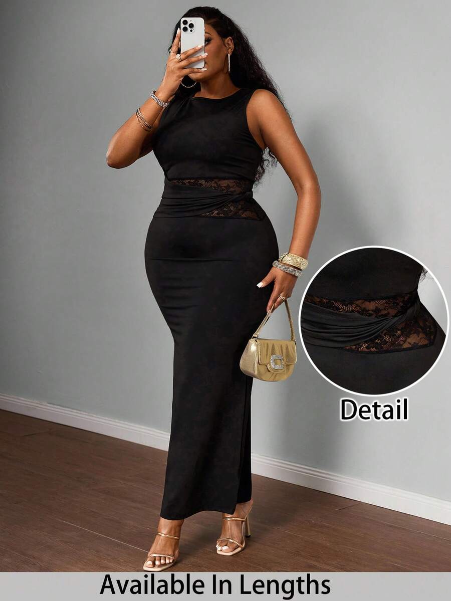 SHEIN Tall CURVE 大码女士优雅派对/约会纯色拼接透视蕾丝荷叶边扭结修身无袖连衣裙 - 黑色 - 查看 1