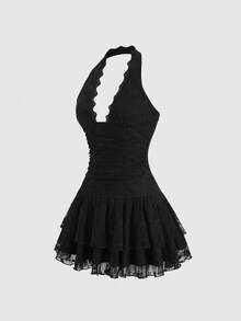 Sweetra Y2K Sexy Lace Halter Elegant Sweet Pleated Chiffon Dress, Suitable For Commuting - Black - View 3