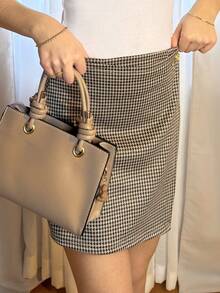 Aless PB 千鸟格印花A字迷你裙，假日派对女士半身裙，S码，假日女士 - 咖啡棕 - 查看 6