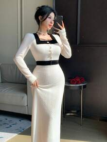 DAZY Elegant,Black And White,Office,Autumn Textured Lace Dress,Metal Buckle Decor Fitted Waist Long Sleeve Midi Dress For Women,Formal Wedding Party Wear - Beige - View 7