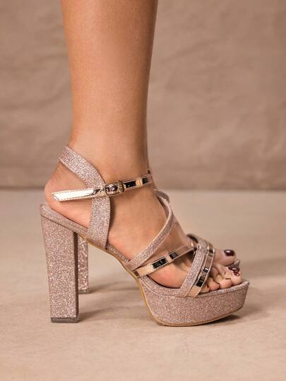 ROMWE Kawaii Women Platform High Heel Sandals, Fashionable Sexy Strap, Chunky Heel, Summer