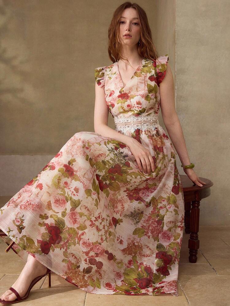 WOMEN'S ROMANTIC FLORAL PRINT V-NECK LACE WAIST MIDI DRESS