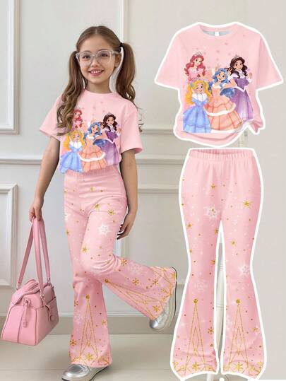 SHEIN Soft Princess Pink, Twirl Into Spring, Cute Cartoon Princess, Bright & Twilight Glitter Snowflake Print, Young Girl Casual Comfortable Soft Round Neck Short Sleeve T-Shirt And Flare Pants Suitable For Spring/Summer Daily, Home, Holiday, Festival, Spring Vibes, Summer Vibes, Spring & Summer Outfits, Easy Comfort, Stylish Little Girl Set, Casual Wear, Kids Sweet Cartoon Princess Graphic T-Shirt Set, Spring & Summer Set, New Style, Chill Chill, Spring Vibes, Chill Summer