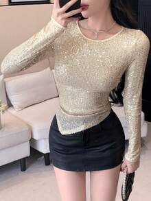 亮片设计不对称修身长袖女式T恤 - 香檳色 - 查看 6