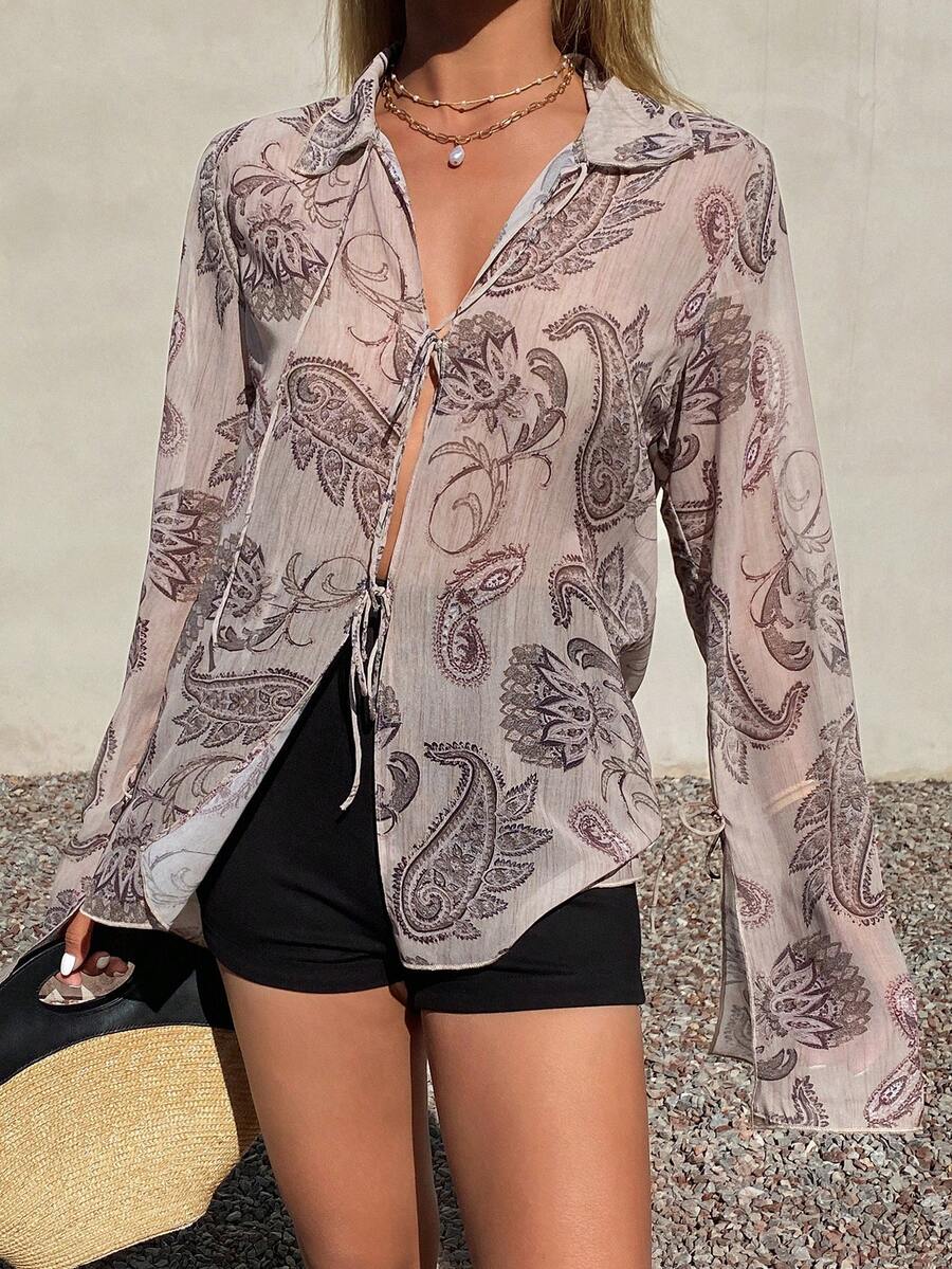 Livesso 女士休闲系带腰果印花长袖衬衫，日常百搭 - 卡其色 - 查看 1