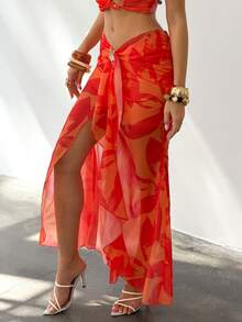 Bluhae Fashionable Sexy Vacation Print Metal Buckle Asymmetrical Hem Women Skirt - Orange - View 6