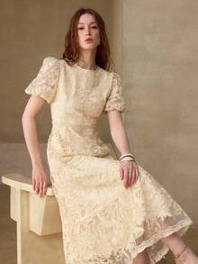 MOTF PREMIUM WOMEN'S VACATION MESH JACQUARD SPLICING A-LINE MIDI DRESS - Apricot - View 6