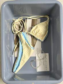 SHEIN Swim Mod 女士沙滩套装，浅蓝色碎花格子双面印花，可双面穿着，时尚休闲度假性感甜美可爱，女士挂脖比基尼三角包泳装套装 - 彩色 - 查看 8