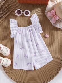 Baby Girl Summer Cute Light Purple & White Striped Bow Ruffle Trim Romper - Mauve Purple - View 2