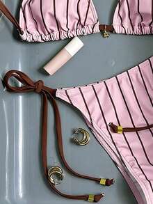 Swim Mod 女士甜美几何条纹撞色度假泳衣，泳装套装 - 彩色 - 查看 4