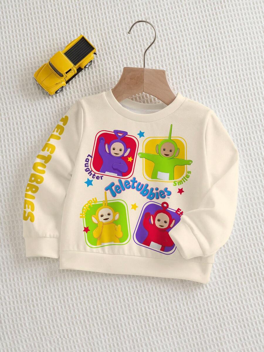 Teletubbies X SHEIN Baby Boy Casual Cartoon Print Crew Neck Sweatshirt, Spring/Autumn - White - View 1