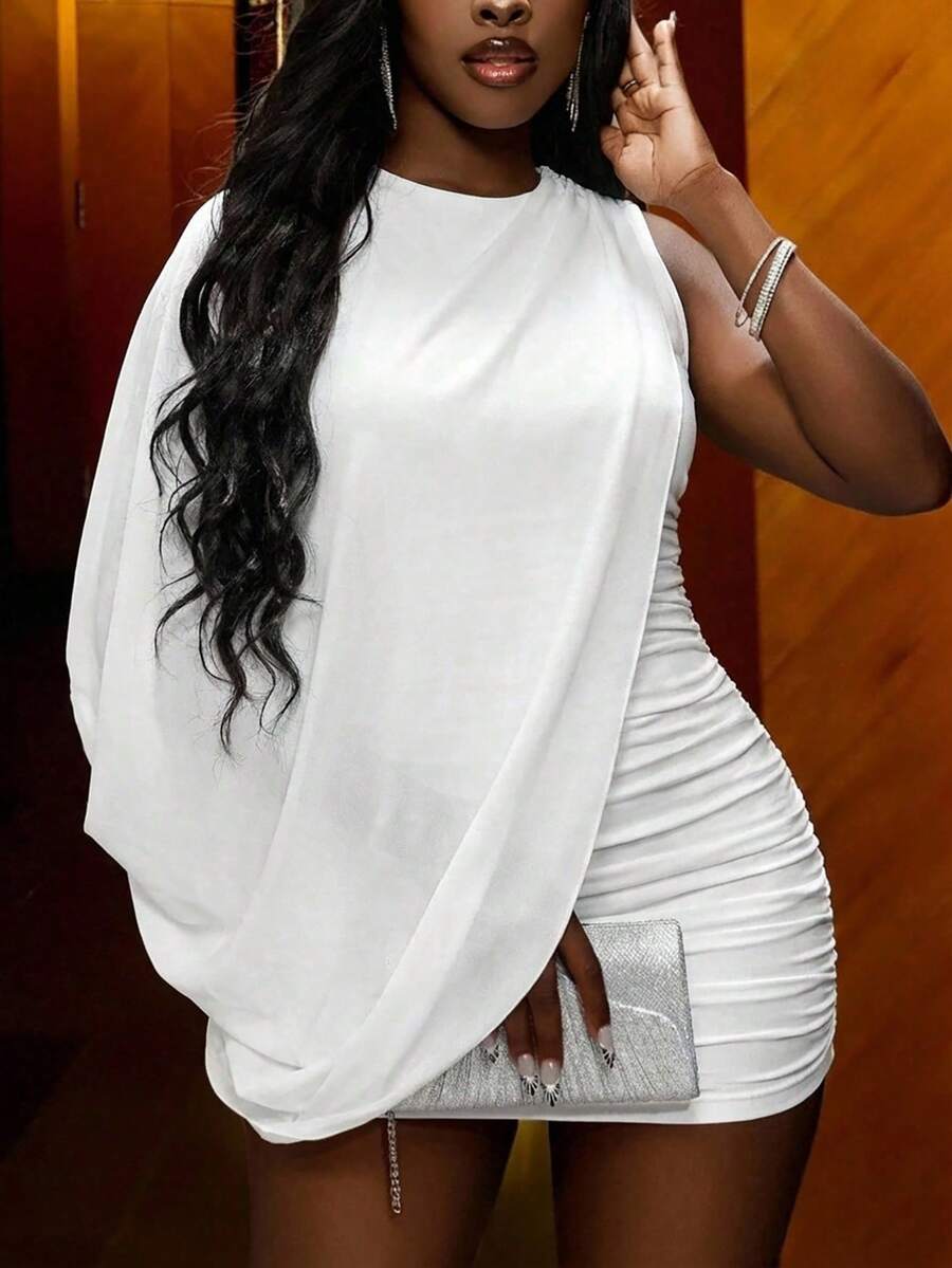 Slaydiva 2026春夏新款白色时尚小淑女明星优雅派对生日酒吧夜店约会姐妹聚会单肩披肩超短紧身迷你连衣裙，婚礼宾客装扮，节日，度假 - 白色 - 查看 1