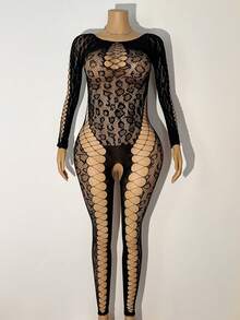 Bare Chapter Plus Size Women Sexy Leopard Print Mesh Sheer Bodysuit - Black - View 9