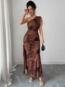 Rafferiza Women's Elegant Off-Shoulder Gathered Tie-Dye Mesh Drawstring Slit Slim-Fit Long Dress, Women's Elegant Dress, Tie-Dye Gradient, Mesh Dress, Off-Shoulder Sleeveless Dress, Slim-Fit Bodycon Dress, Slit Dress, Tie-Dye Dress, Women's Casual Suit, Women's Summer Dress, Summer Holiday Outfit, Summer Clothing, Women's Spring Outfit, Spring Clothing, Vacation Outfit, Women's Beach Outfit, Vacation Dress, Summer Outfit, Women's Floral Dress, Women's Party Dress, Wedding Dress, Women's Brown Dress, Brown DressGraduation Season Attire, Fashionable Casual Commuter Wear, Business Office Wear, Versatile And Stylish Everyday Casual Wear, Urban Teacher's Professional Attire - Coffee Brown - View 6