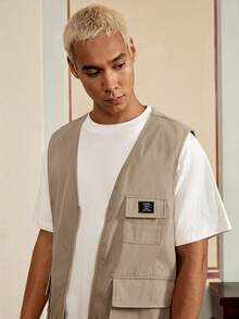 SWAVVY 男士休闲百搭拉链口袋背心，适合日常穿着 - 駝色 - 查看 3