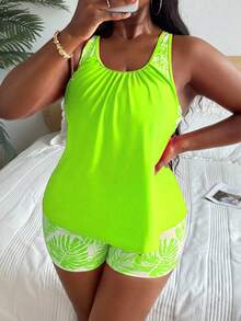 Swim Lushoire Plus Size Women Beach Vacation Ruched Tankini Top And Shorts Swimwear Set - Green - View 3