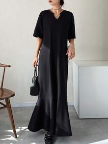 FRIFUL Women's Solid Black V-Neck Short Sleeve Loose Casual Dress - Black - View 2