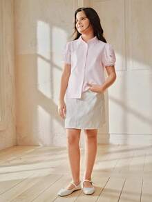 Anewsta 春季新款粉色女童衬衫，花瓣袖刺绣设计，时尚中大码儿童夏季上衣 - 粉色 - 查看 5