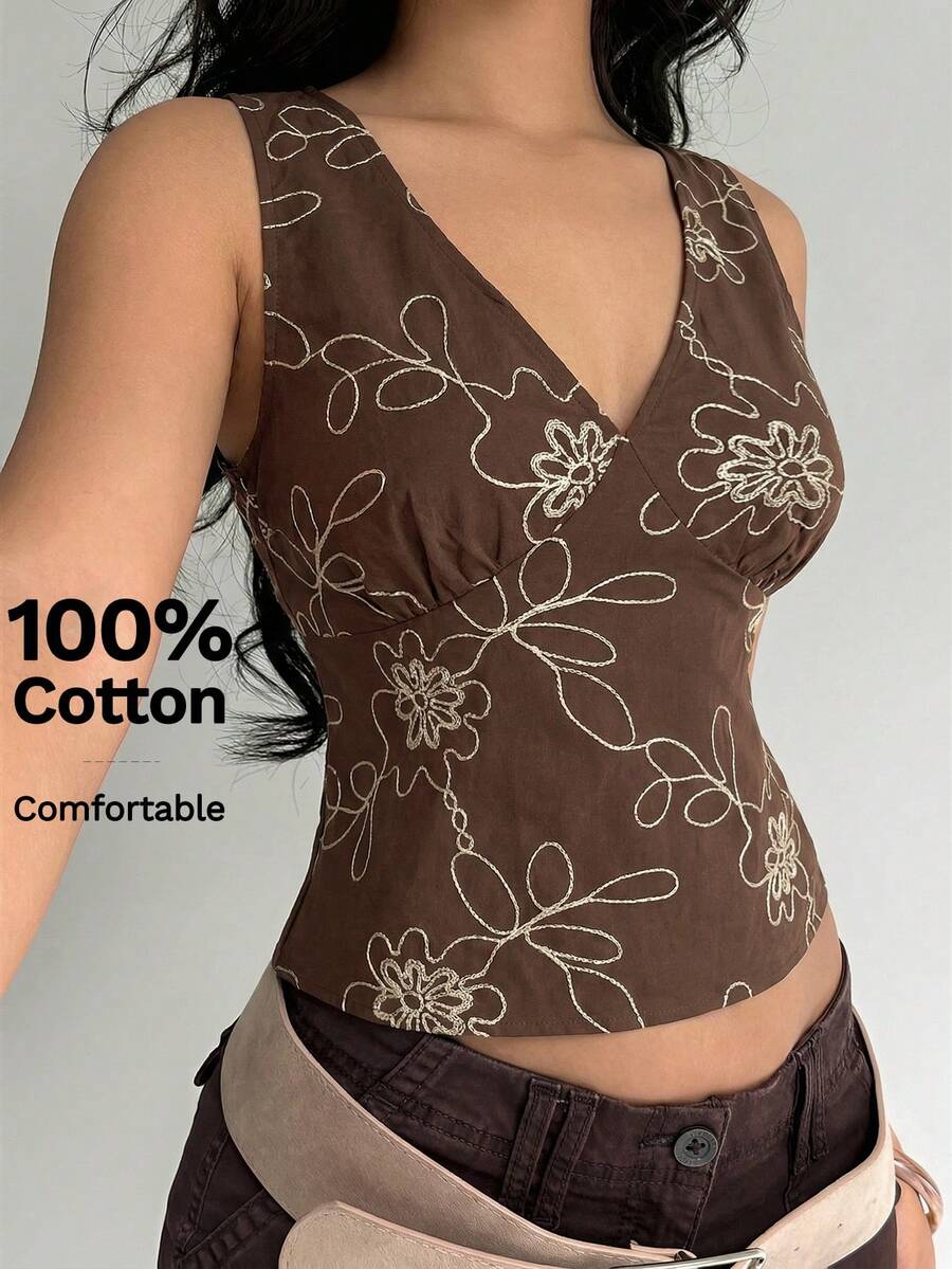 Aloruh 棕色镂空刺绣面料深V领系腰无袖上衣，适合度假、休闲、通勤，复古风格